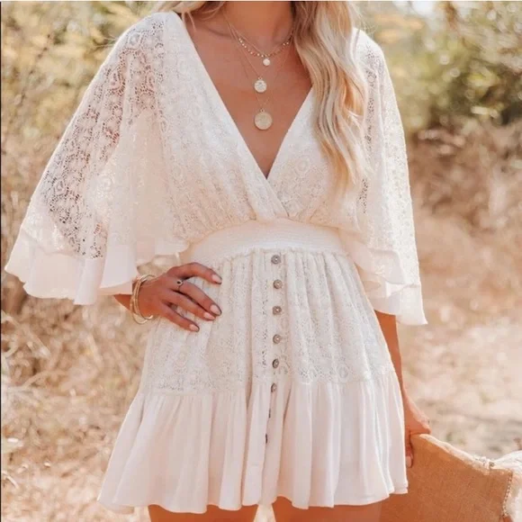 Vici Fly Far Cotton Blend Crochet Dress- Vici Vintage Crochet Romper Dress - Picture 5 of 13